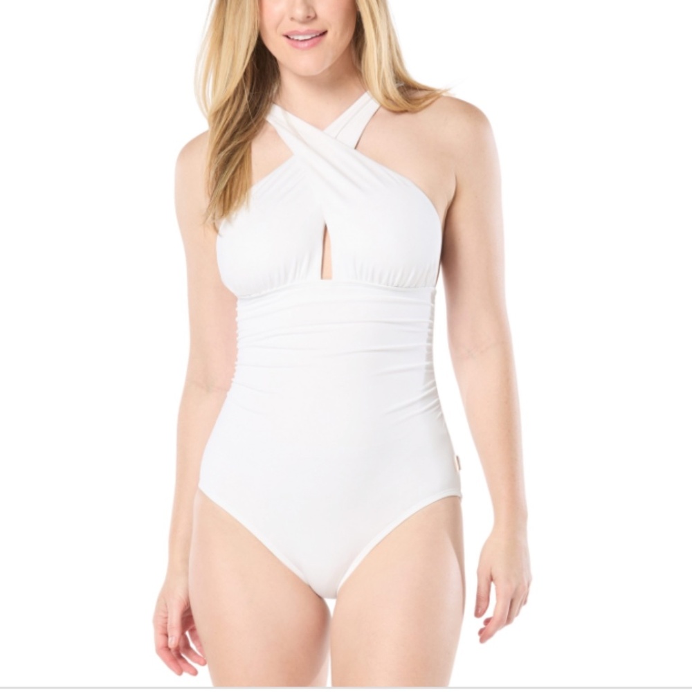 NWT Michael Michael Kors Women's Cross-Neck Smocked One-Piece Swimsuit - White